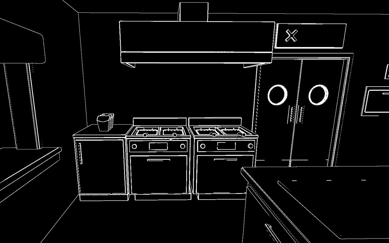 The kitchen through the Chef's eyes: white outlines on black, fryers and a strike light