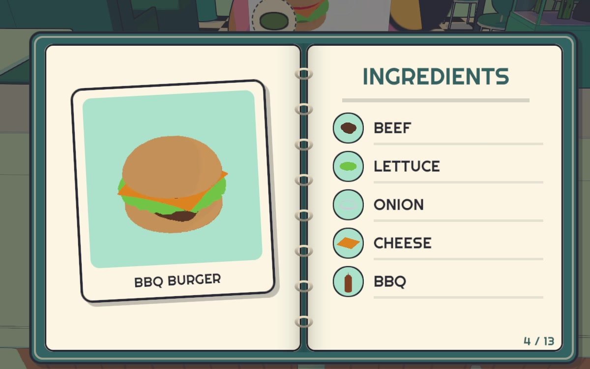 The recipe book open at the BBQ Burger page: beef, lettuce, onion, cheese and BBQ sauce